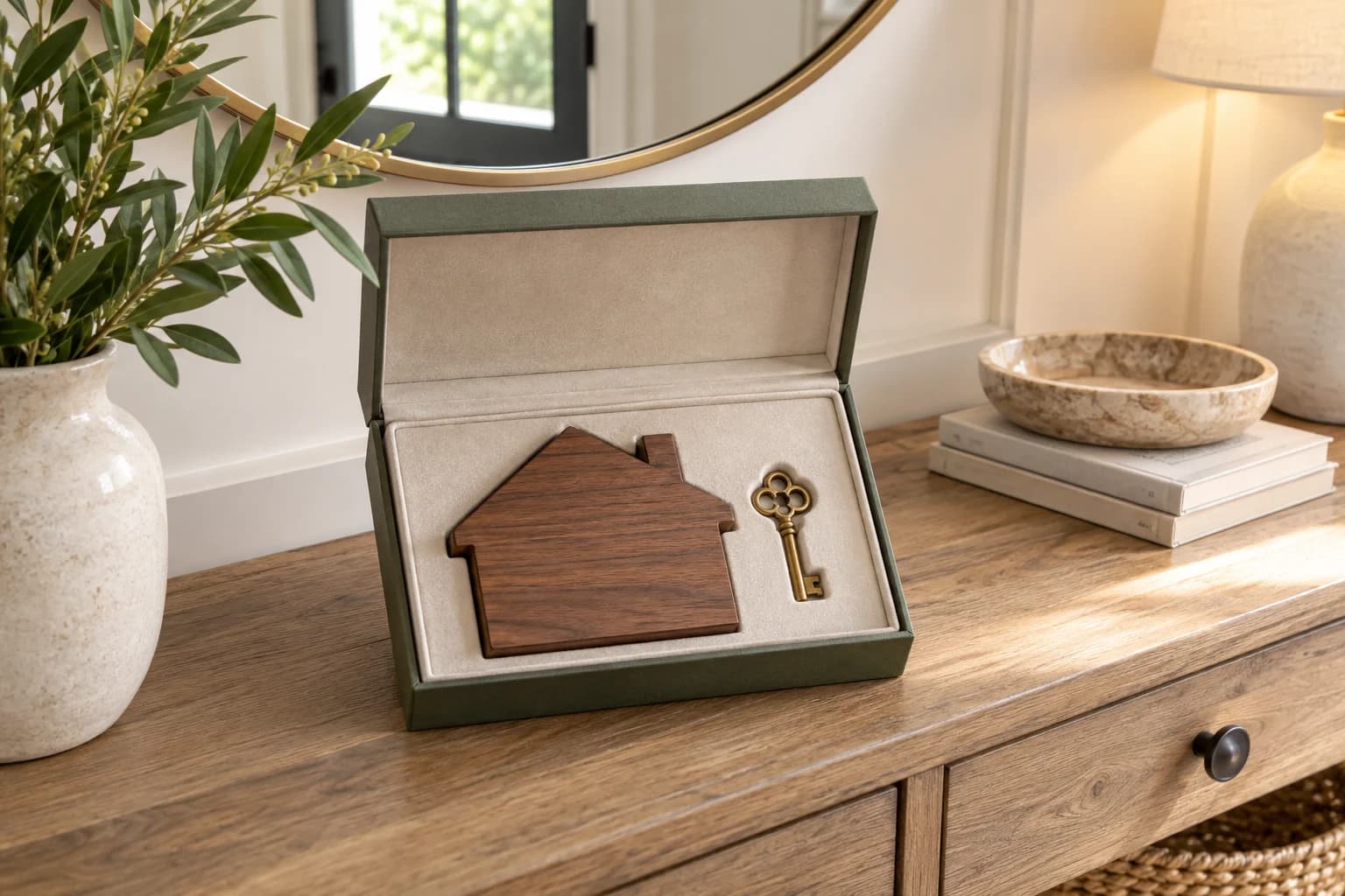 House-shaped closing keepsake in a presentation box