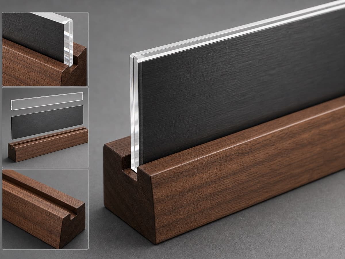 Illustrative close-up of walnut acrylic and brushed metal nameplate materials