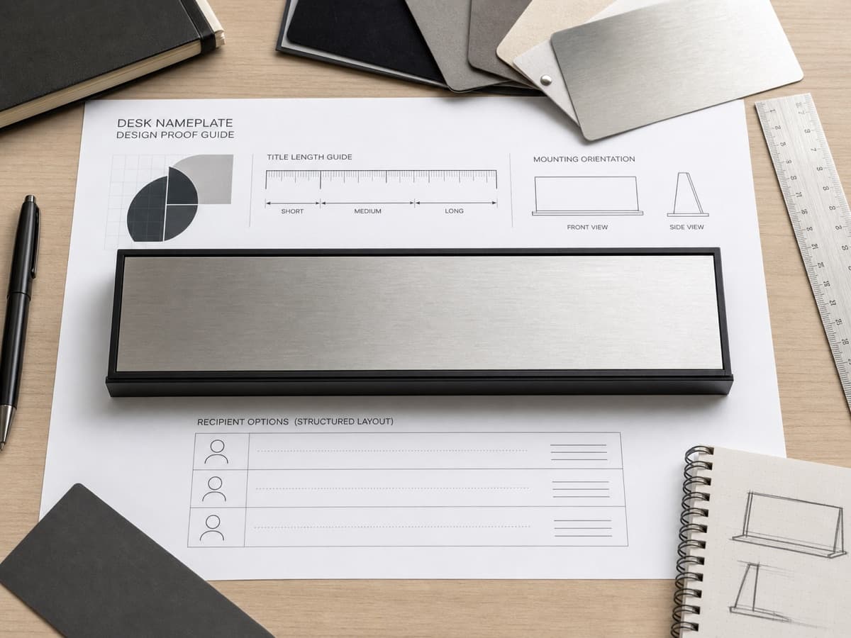 Illustrative executive nameplate proof review with blank layouts and finish swatches