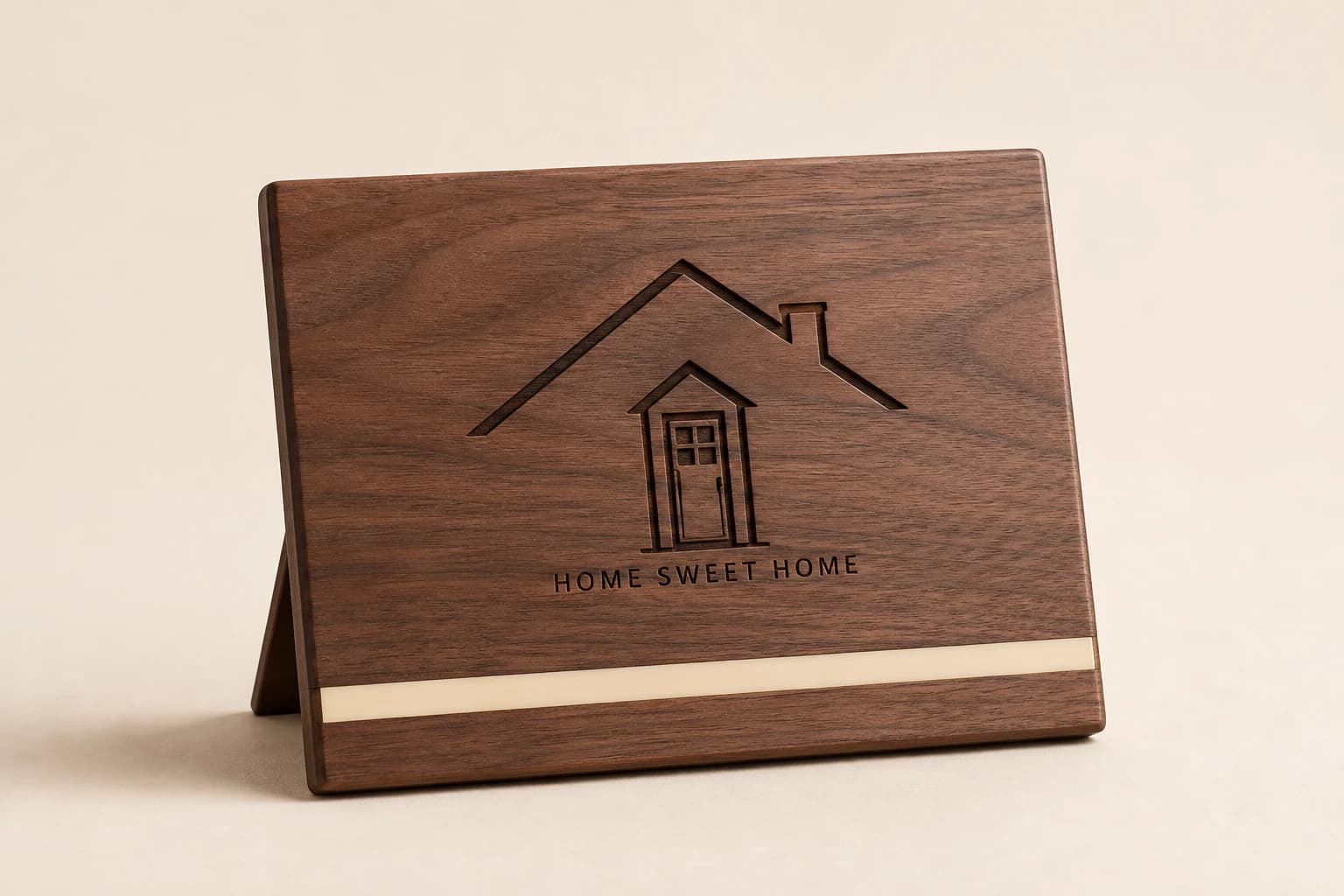 Walnut closing gift plaque with an engraved home outline.