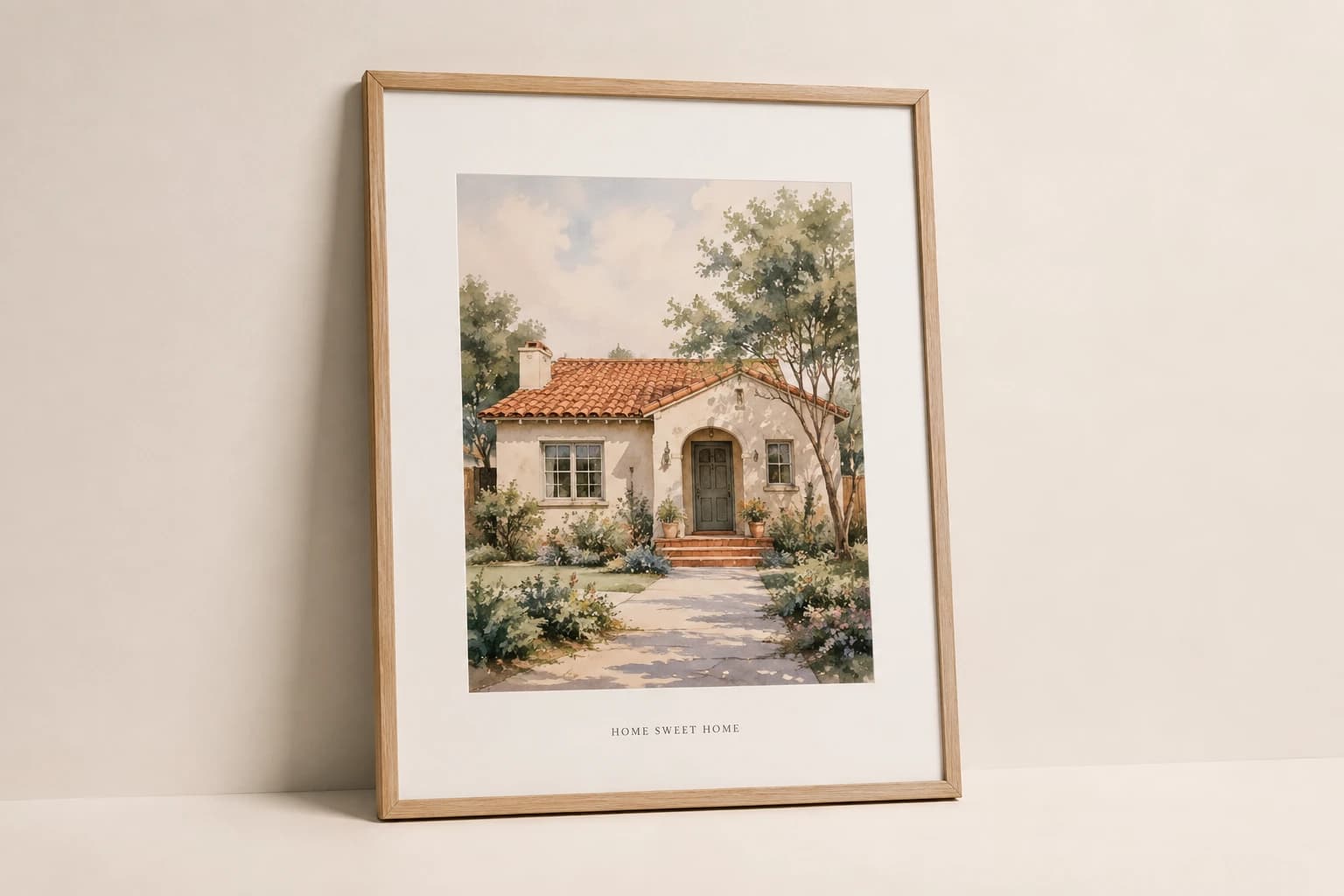 Framed fictional home-portrait print with a simple housewarming inscription.