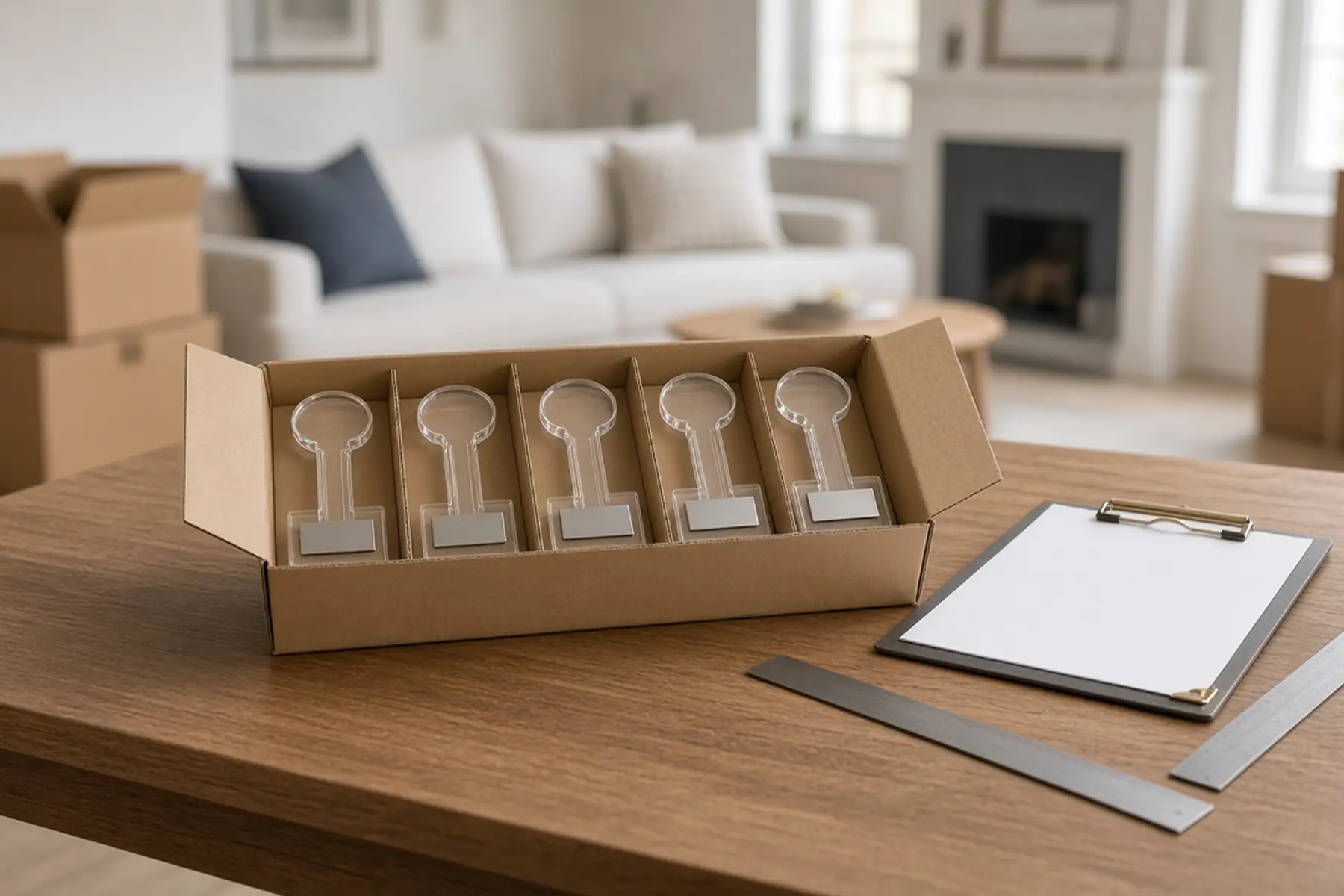 Coordinated order concept: matching Key-Shaped Acrylic Closing Award pieces grouped and separated for packing