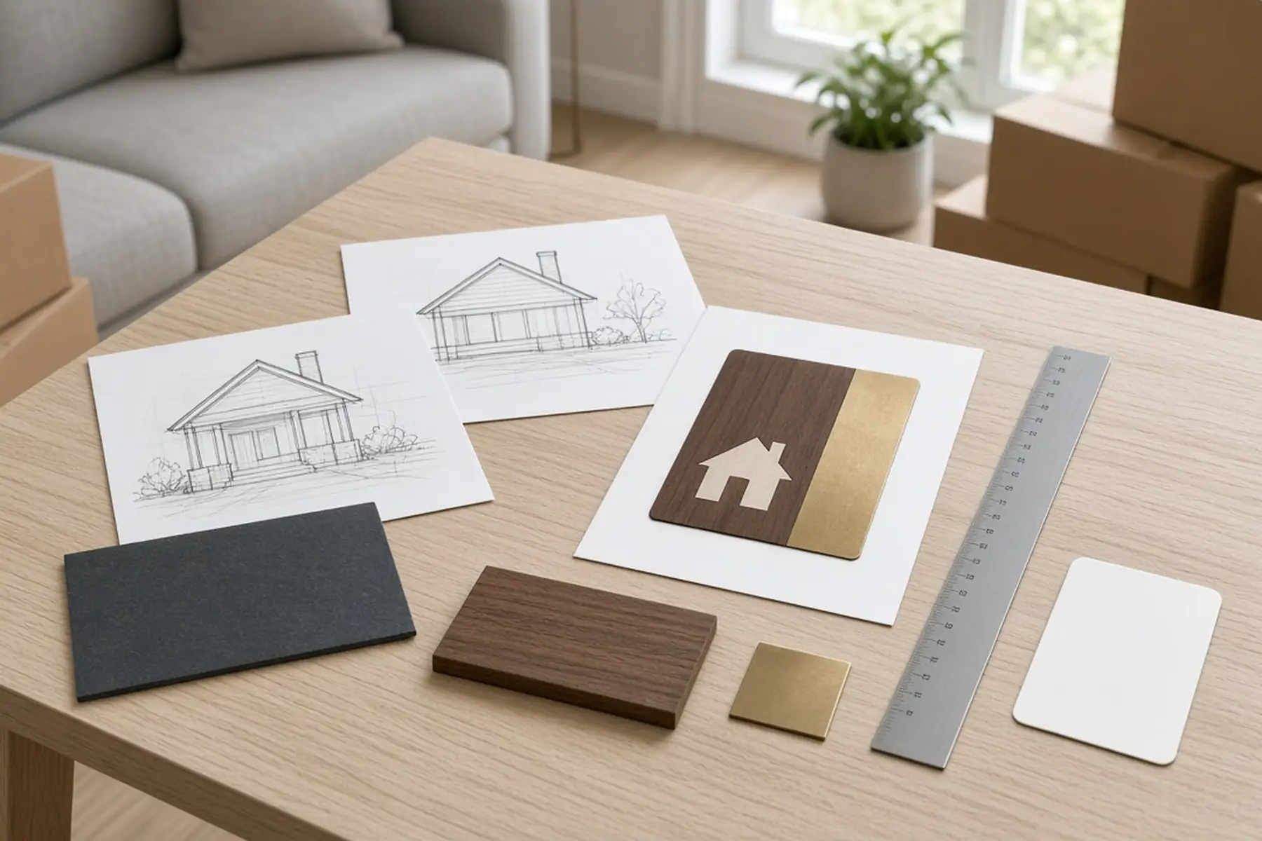 Design planning concept for a House Closing Gift: sketches, material swatches and a blank sample shape