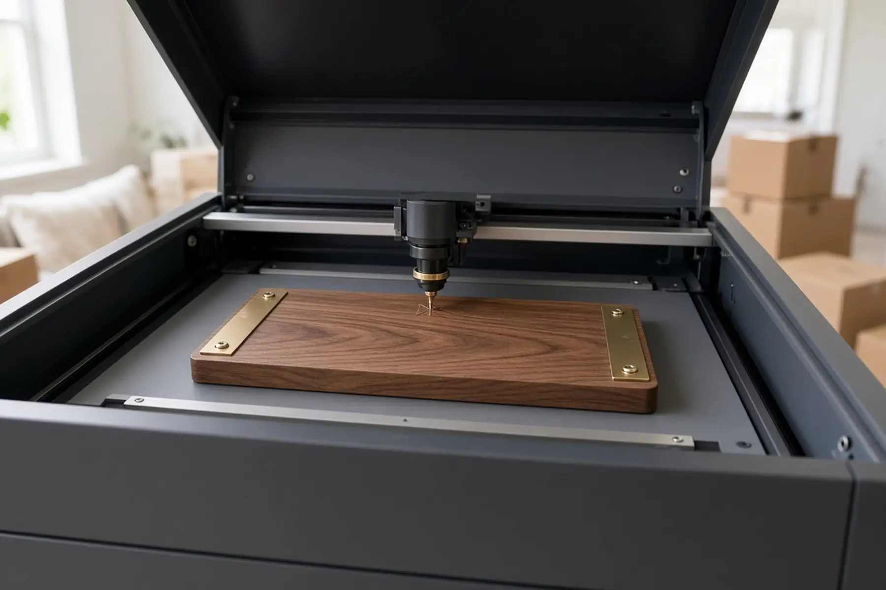 Engraving concept: a blank plate for a House Closing Gift inside an enclosed marking machine