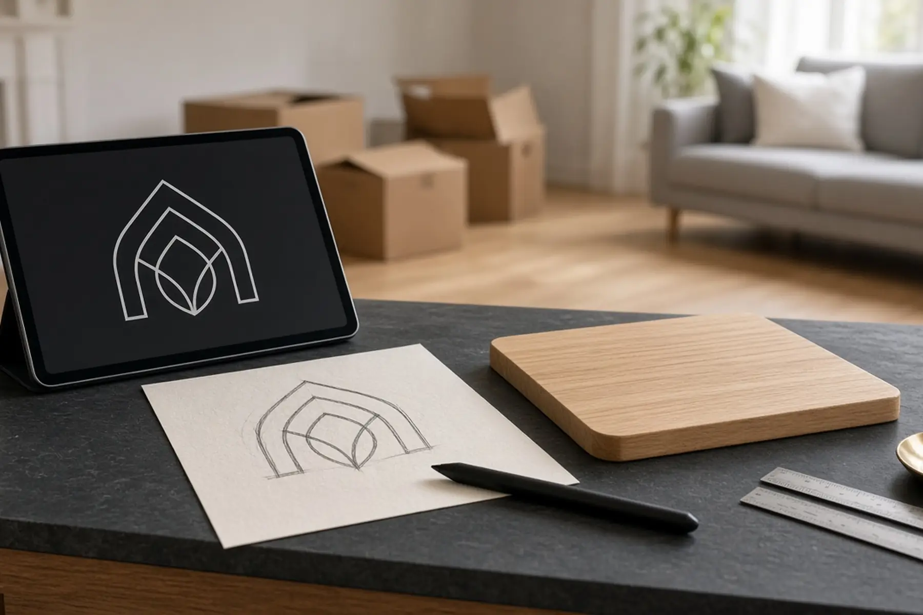 Artwork preparation concept: a simple emblem converted to clean outlines for a House Closing Gift