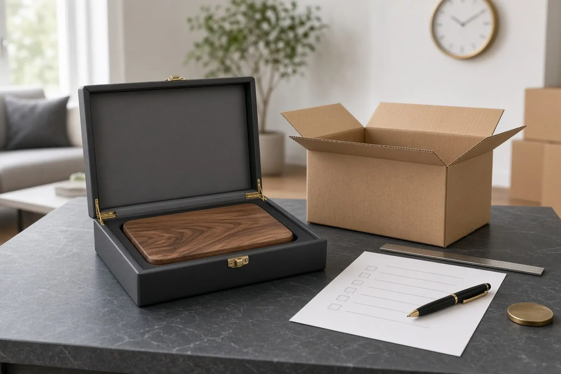 Rush planning concept: a Personalized Closing Gift Plaque, carton and checklist arranged around an arrival date